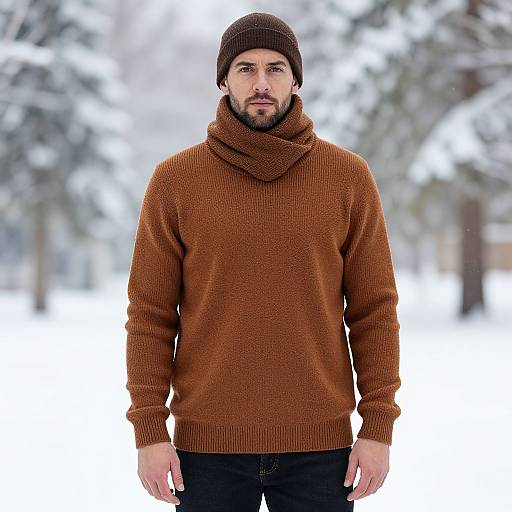 Photograph of a bearded man with fair skin, wearing a brown knit sweater, matching scarf, and black pants, standing in a snowy, blurred