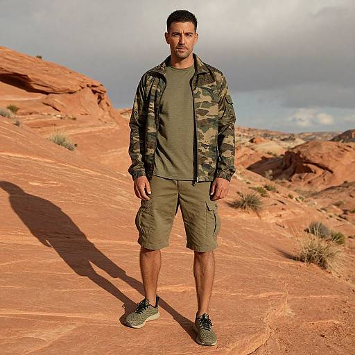 Photograph of a man with short dark hair, olive skin, and a muscular build, standing in a sunlit desert landscape. He wears a camouflage