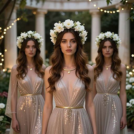 Three Women in Greek Garden with Flower Crowns