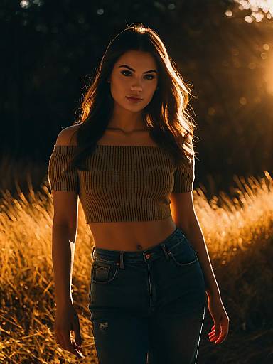 Woman in Crop Top and Jeans in Golden Hour Light