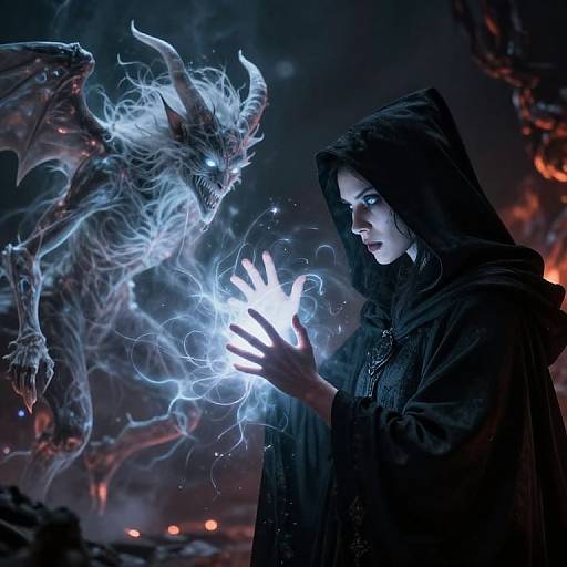 Digital artwork of a hooded woman with glowing hands, facing a fierce, ethereal demon with horns in a dark, fiery landscape.