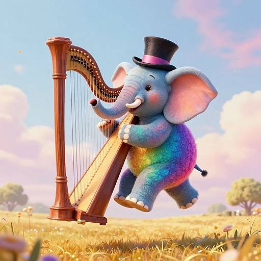 Colorful cartoon elephant in top hat playing wooden harp in sunny field with blue sky and fluffy clouds in background.