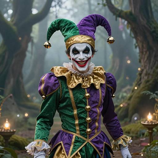 Vibrant Jester in Enchanted Forest
