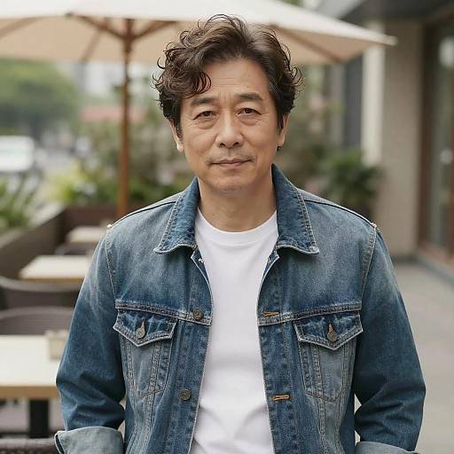Photograph of an Asian middle-aged man with curly black hair, wearing a blue denim jacket over a white t-shirt, standing outdoors in a café setting