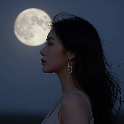 Photograph of a woman with long, dark hair and star-shaped earrings, silhouetted against a full moon in a deep blue night sky.