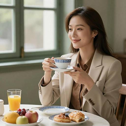 Smiling Woman Enjoying Breakfast Indoors