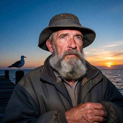 Photograph of an elderly man with a gray beard, wearing a dark hat and jacket, standing by a sunset seascape, with a seagull