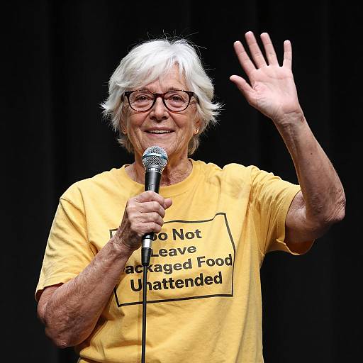 Cheerful Woman with Microphone and Sign