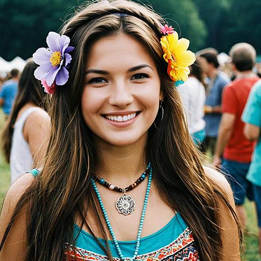 Smiling Young Woman with Flowers at Outdoor Festival
