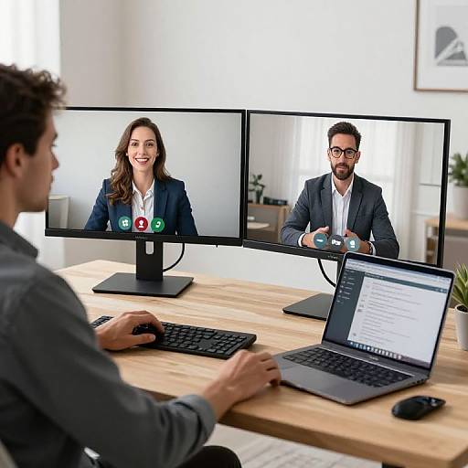 Photograph of a man at a wooden desk, interacting with two virtual conference screens showing a smiling woman and a bearded man in suits. Laptop and