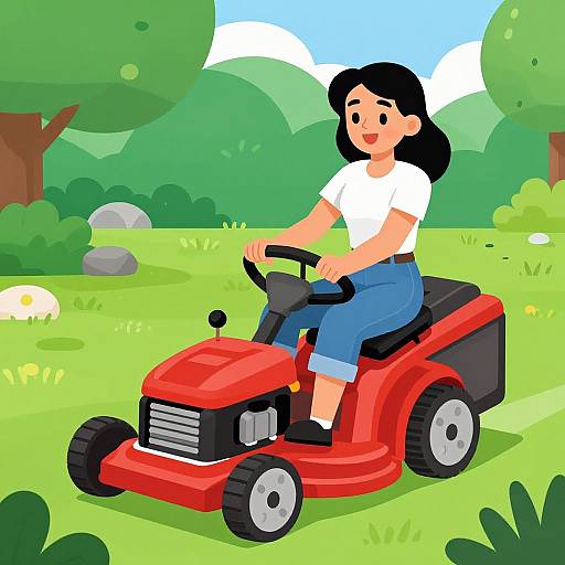 Cartoon-style drawing of a smiling woman with black hair, wearing a white shirt and blue jeans, riding a red lawn mower in a lush green park