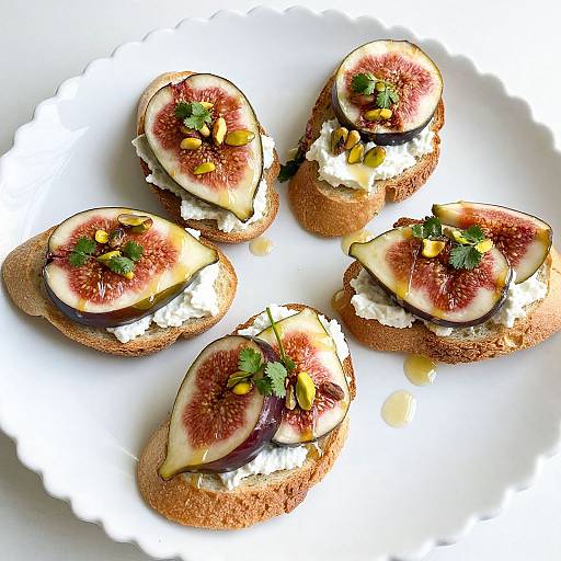 Photograph of five fig and cream-filled toast pieces on a white plate, garnished with pistachios and fresh mint leaves.