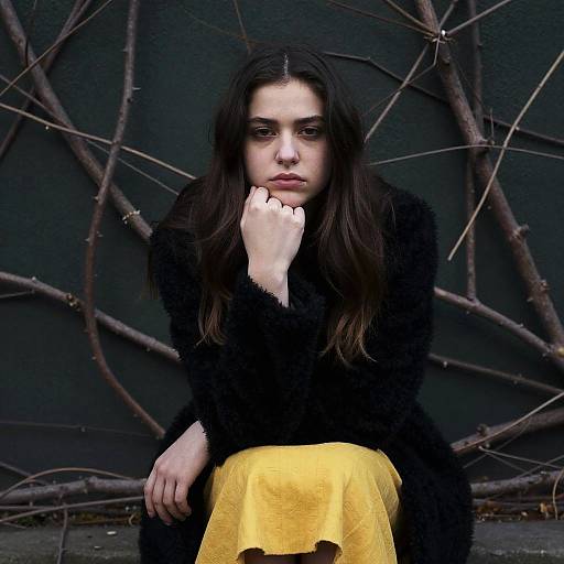 Photograph of a pale-skinned woman with long dark hair, wearing a black fur coat and yellow skirt, sitting against a dark backdrop of intertwined branches