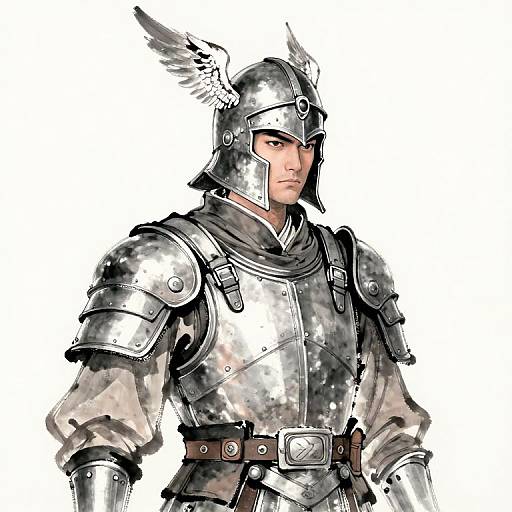 Digital drawing of a stern, armored knight with silver helmet featuring winged emblem, detailed metal armor, and brown belt, set against a plain white background
