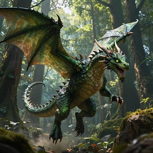 Fierce Green Dragon Soaring Above Forest