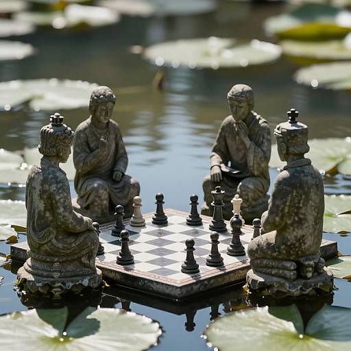 Photograph of four stone Buddha statues playing a chess game on a floating board in a sunlit lily pond.