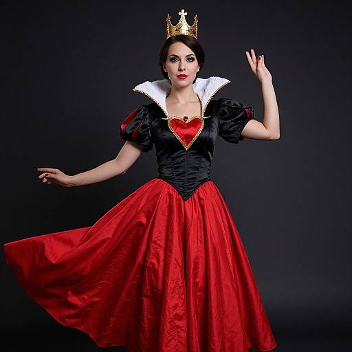 Photograph of a fair-skinned woman with dark hair, wearing a gold crown, black and red ballgown with white collar, posing against a