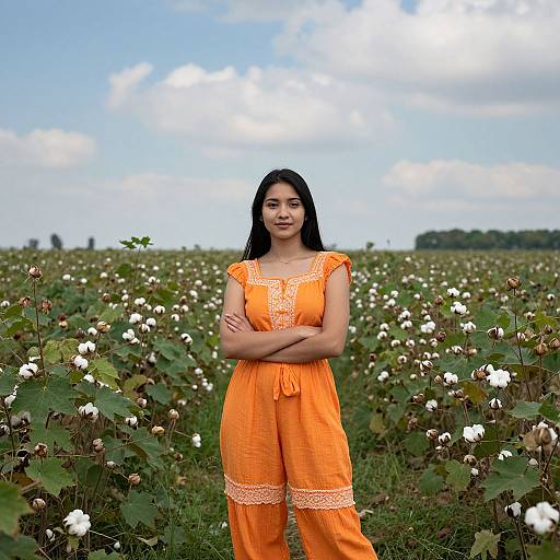 Photograph of an Asian woman with long black hair, wearing an orange lace-trimmed dress, standing in a cotton field under a blue, partly