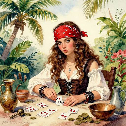 Digital illustration of a curly-haired pirate woman with red bandana, white blouse, and brown corset, playing cards in a tropical setting.