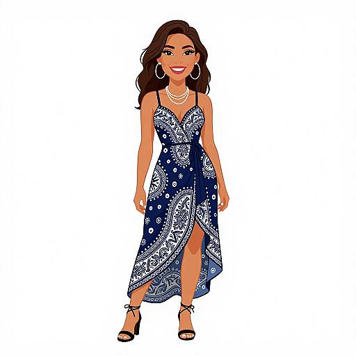 Digital illustration of a smiling woman with long brown hair, wearing a blue patterned dress with a thigh-high slit, black sandals, and large hoop earrings