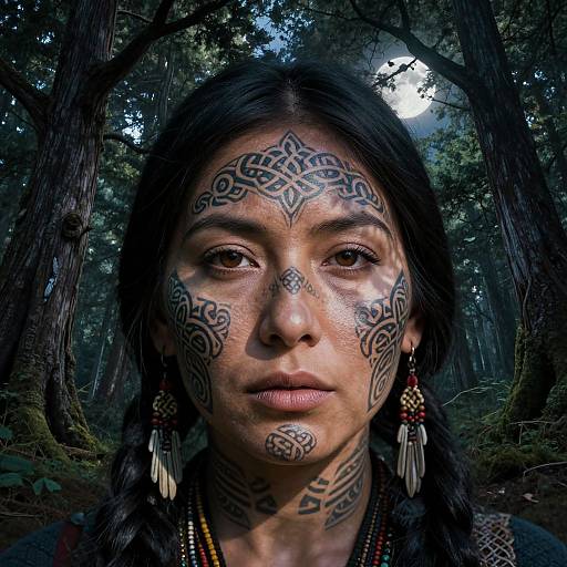 Photograph of a Native American woman with intricate black tribal tattoos on her face, standing in a dense forest. She has long black hair, wears feather