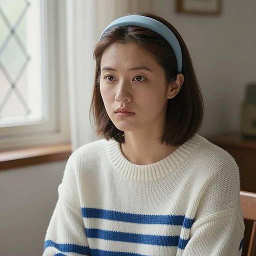 Serious Woman in Blue Headband and Striped Sweater