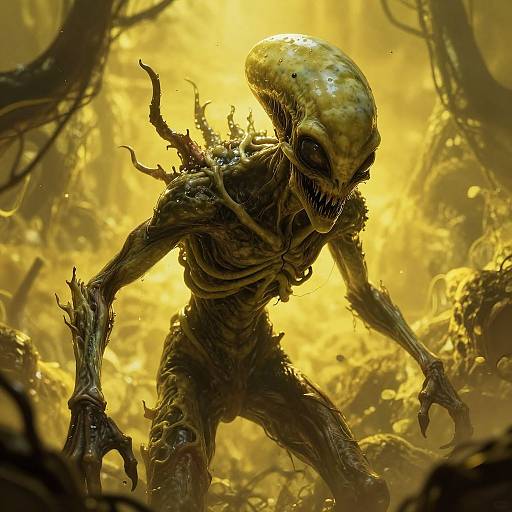 Digital artwork of a terrifying, yellow-green alien with a large, hollow head, sharp teeth, and skeletal, twisted limbs in a glowing, yellow forest