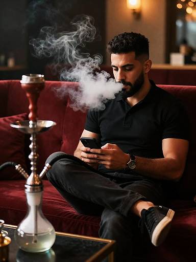 Cinematic Lounge Portrait of Man Smoking Shisha