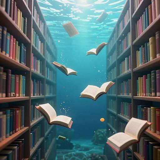 Digital artwork of a library aisle with floating open books, surrounded by colorful bookshelves, underwater-like blue light, and bubbles.