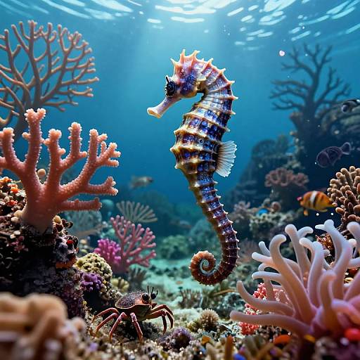 Photograph of a vibrant, blue-and-yellow seahorse swimming among colorful coral reefs with sunlight filtering through the clear blue ocean water.