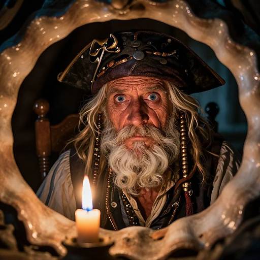 Photograph of an older, intense-eyed man with white beard, wearing a black pirate hat and jacket, lit by a candle, framed by a bone