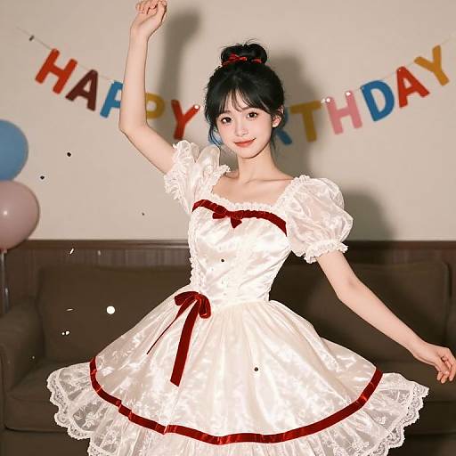 Digital illustration of an Asian woman with black hair in a bun, wearing a white, ruffled, red-bow dress, celebrating birthday with 