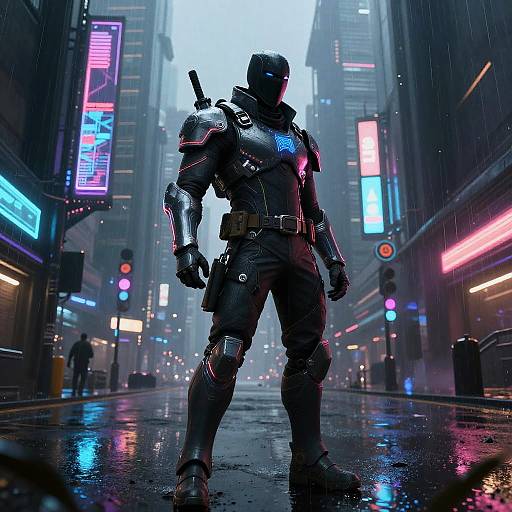 CGI cyberpunk scene: muscular, armored figure with glowing blue emblem, knife on back, stands in neon-lit, rain-soaked, futuristic