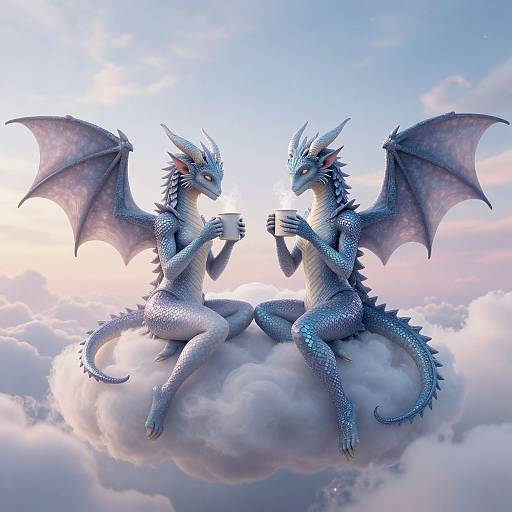 Digital artwork of two blue, winged dragons with silver scales, sitting on a fluffy cloud, sipping coffee, against a pastel sky.