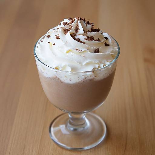 Photograph of a chocolate mousse dessert in a clear glass cup, topped with whipped cream and chocolate shavings, on a wooden table.