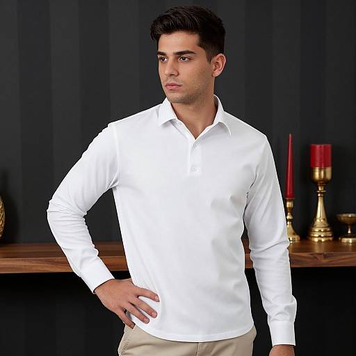 Photograph of a handsome, dark-haired man in a crisp white button-up shirt, standing confidently with one hand on his hip, against a dark striped