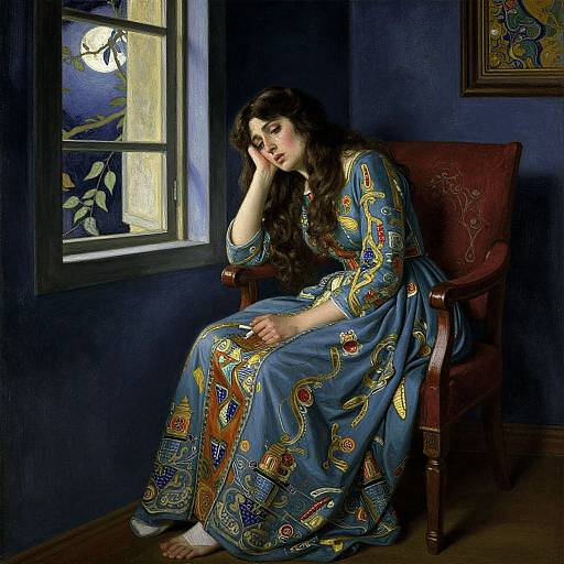 Photograph of a pensive woman with long dark hair, wearing an ornate blue dress with gold and red patterns, sitting in a red armchair