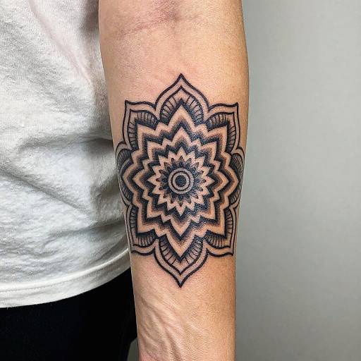 Photograph of a black mandala tattoo on a light-skinned person's forearm, wearing a white shirt, against a plain gray background.
