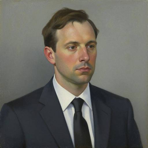 Digital portrait of a serious, fair-skinned man with dark brown hair, wearing a black suit, white shirt, and black tie, against a gray