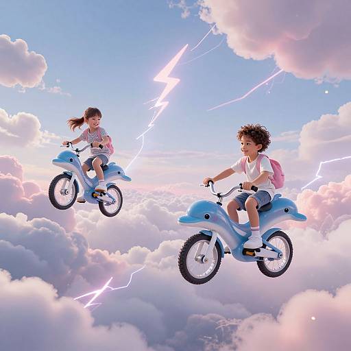 Photograph of a boy and girl flying on blue scooters above fluffy clouds with lightning, wearing casual clothes, backpacks, and smiling.