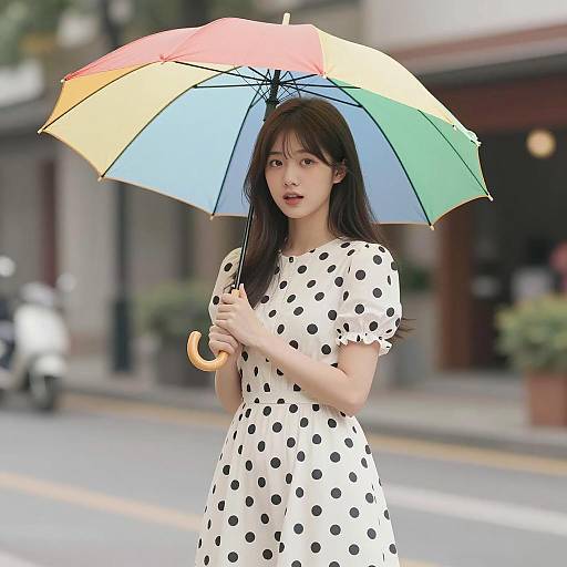 Young woman with colorful umbrella in polka dot dress