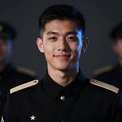 Young Man in Military Uniform with Blue Light