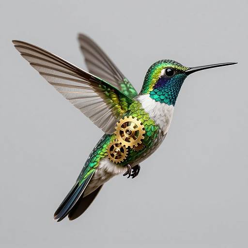 Photograph of a vibrant, iridescent hummingbird in mid-flight, showcasing green, blue, and white feathers with a yellow-spotted underside against