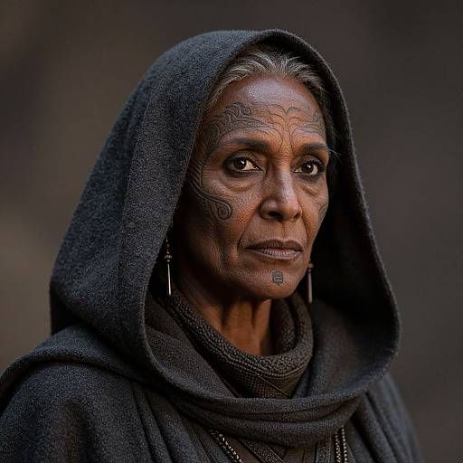 Photograph of an elderly Indian woman with dark skin, wearing a black hooded cloak, intricate facial markings, and silver earrings, looking pensively into