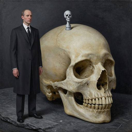 Photograph: Bald man in black suit stands beside enormous yellowed skull with small white skull on top, dark background.