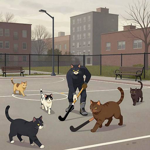 Comic Cats Playing Street Hockey