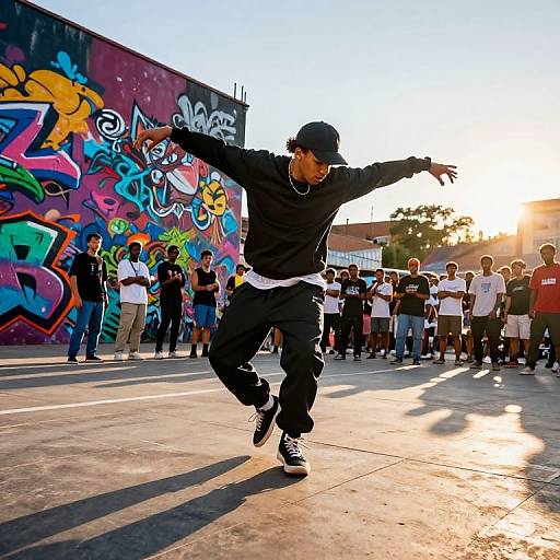 Photograph of a young male dancer in black hoodie, pants, and cap, mid-dance in front of vibrant graffiti-covered wall, with a sun
