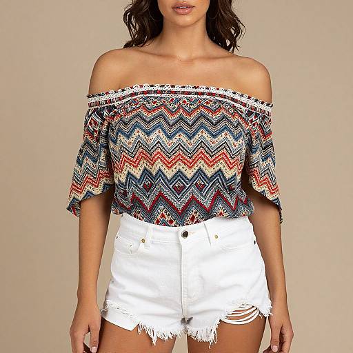 Photograph of a woman with wavy brown hair, wearing an off-the-shoulder, zigzag-patterned top and white, frayed high