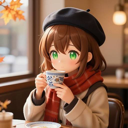Cute Anime Girl in Autumn Cafe