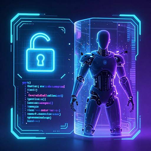 Neon-lit CGI of a robotic figure encased in a glowing blue lock, surrounded by digital code and cybernetic interface.